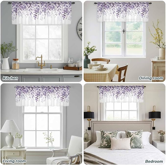 Eucalyptus Leaves Sheer Valance Curtains, Purple Leaves Idyllic Winds Farmhouses Light Filtering Kitchen Valances Rod Pocket Voile Curtain Window Treatment for Bedroom/Living Room/Basement 42Wx12L