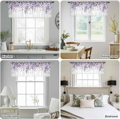 Eucalyptus Leaves Sheer Valance Curtains, Purple Leaves Idyllic Winds Farmhouses Light Filtering Kitchen Valances Rod Pocket Voile Curtain Window Treatment for Bedroom/Living Room/Basement 54Wx18L