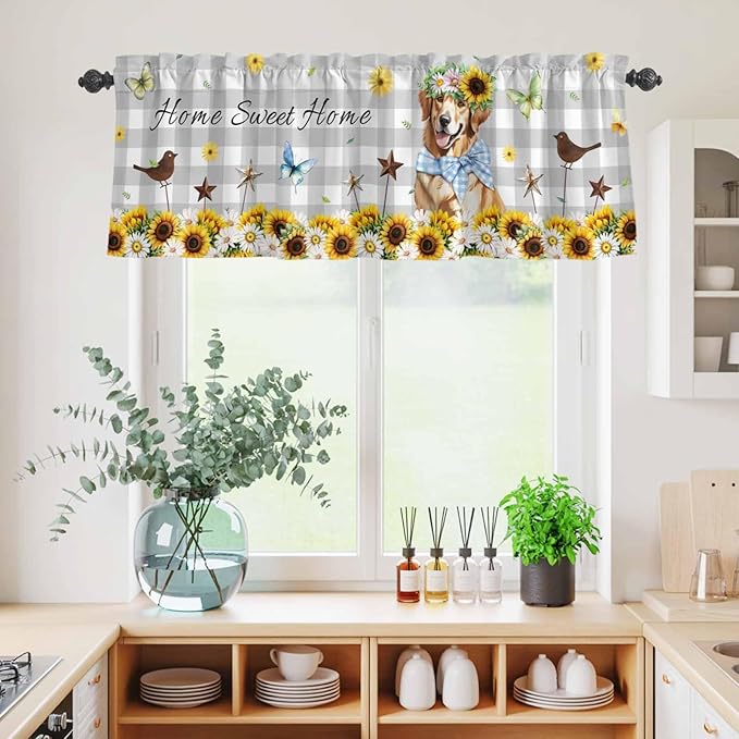 Kitchen Curtains Tiers and Valance Set of 3, Sunflowers Dog Light Filtering Window Curtain Set, Spring Watercolor Floral Stars Grey Plaid Rod Pocket Curtain Drapes for Living Room, 24 Inches Tiers