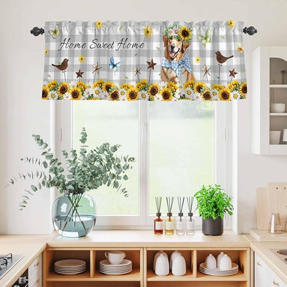 Kitchen Curtains Tiers and Valance Set of 3, Sunflowers Dog Light Filtering Window Curtain Set, Spring Watercolor Floral Stars Grey Plaid Rod Pocket Curtain Drapes for Living Room, 36 Inches Tiers
