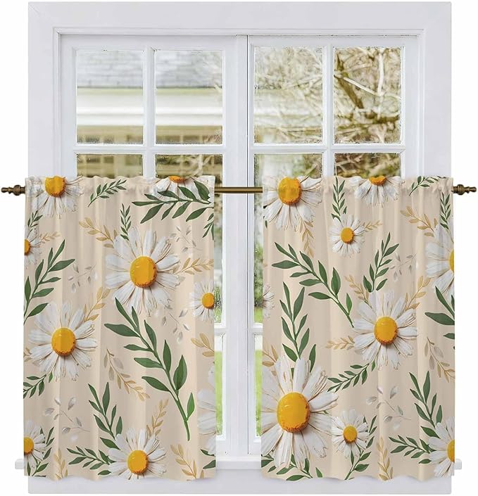 Spring Daisy Kitchen Curtains, Country Watercolor Flower Leaf Plant Light Filtering Window Curtain Panels, 2Pcs Rod Pocket Window Treatments Set for Study Room Bathroom Bedroom 52x54 Inches