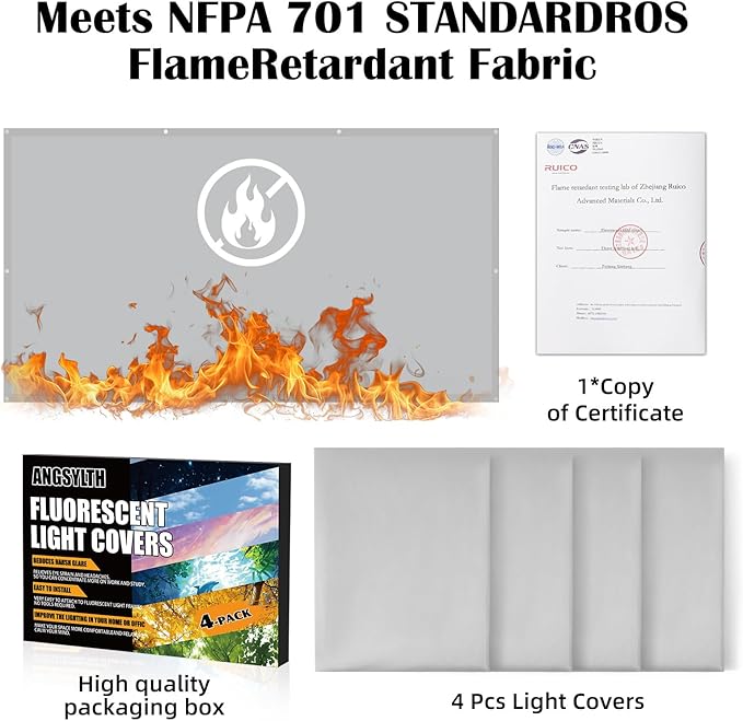 4 Pcs Fluorescent Light Covers - Classroom, Office 4 x 2 Feet Flame Retardant Magnetic Covers for Ceiling Lights Filters (Light Gray)