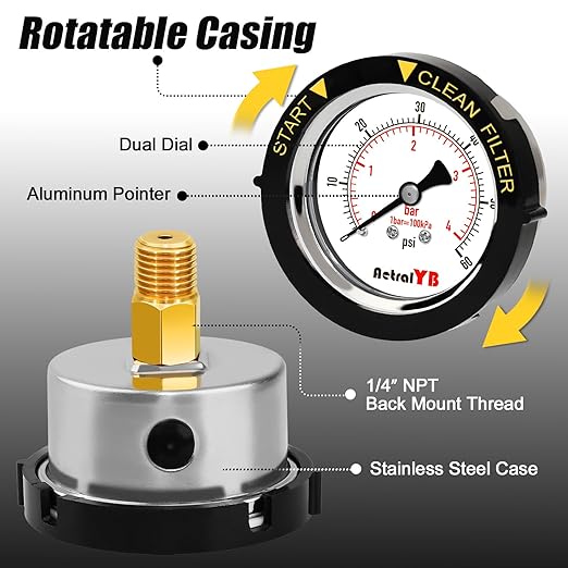 60PSI Pool Filter Pressure Gauge, 2 inches Dial, 1/4" NPT Back Mount, 304Stainless Steel Case, IP67 Waterproof, Clean Filter Indicator, for Swimming Water Pump Spa Aquarium Pressure Test