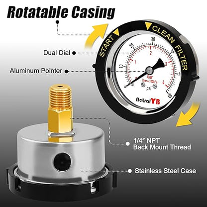 60PSI Pool Filter Pressure Gauge, 2 inches Dial, 1/4" NPT Back Mount, 304Stainless Steel Case, IP67 Waterproof, Clean Filter Indicator, for Swimming Water Pump Spa Aquarium Pressure Test
