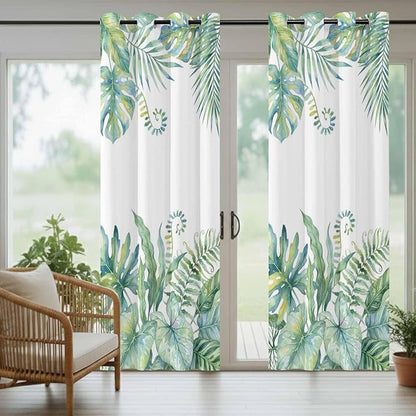 Leaves Outdoor Curtains for Patio Green Leaf Tropical Plants Farmhouse Pastoral Waterproof Outside Curtains with Grommet Top Weatherproof Curtain for Cabana Pergola Gazebo, 1 Panel, 54" W x 108" L