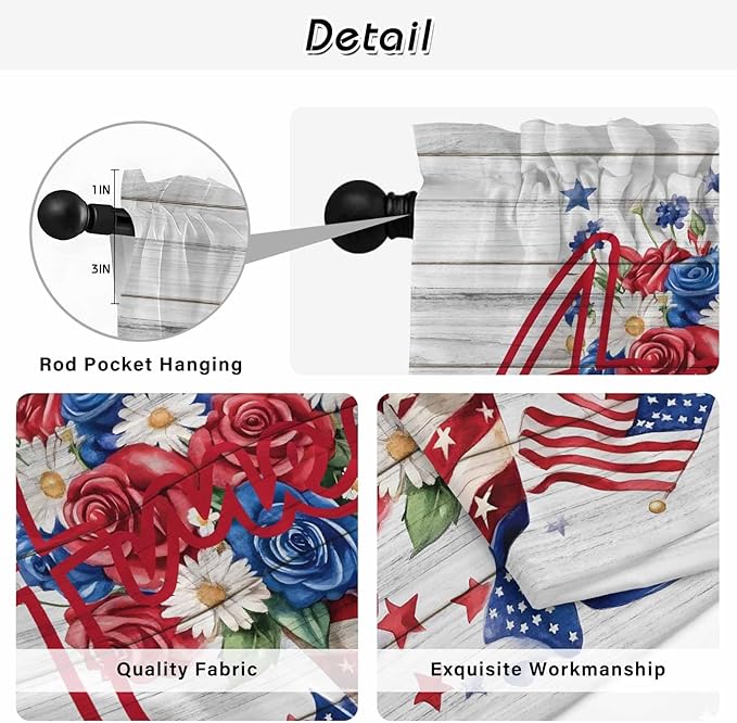 Independence Day Kitchen Tier Curtains 36 Inch Long 2 Panel Set,Rod Pocket Half Window Curtains Over Sink,4 of July Rose Wooden Grain Vintage Light Filtering Short Drapes Cafe 27.5"W x 36"L