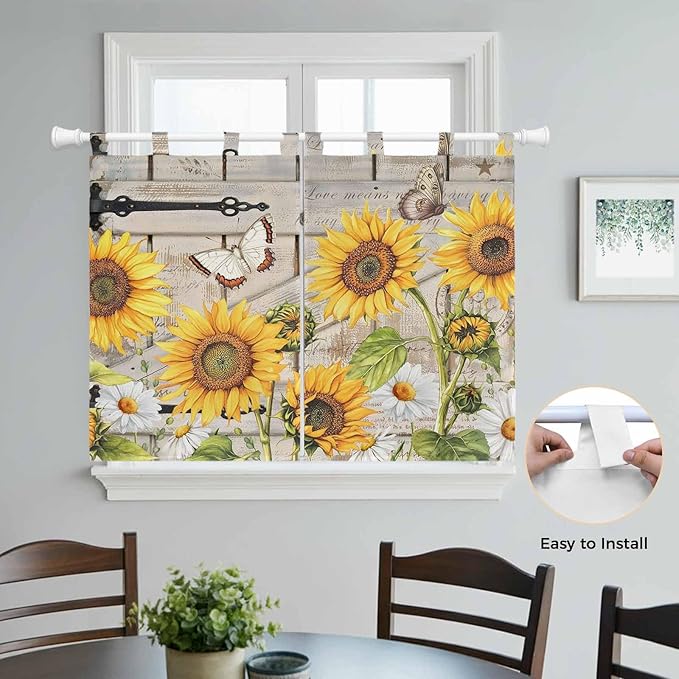 Farm Flowers Bedroom Curtains 63 Inch Length, Window Curtains Tab Top, Retro Sunflowers Barn Doors Butterfly Wood Board Light Filtering Window Treatments Drapes 42"x63" 2 Panel