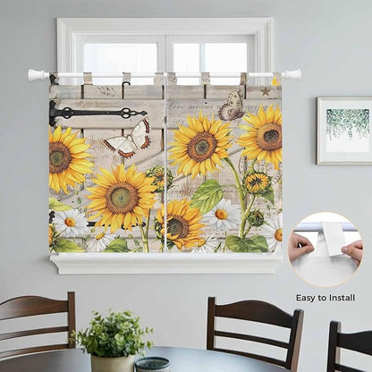 Farm Flowers Kitchen Curtains 45 Inch Length, Short Cafe Window Curtains Tab Top, Retro Sunflowers Barn Doors Butterfly Wood Board Light Filtering Window Treatments Tier Drapes 27.5"x45" 2 Panel