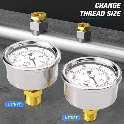 MEANLIN MEASURE -30inHG~0Psi Vacuum Gauge Stainless Steel 1/8" NPT 2" FACE DIAL Waterproof for Air Compressor HVAC Negative Pressure Hand Pump Pool Back Mount with 1/4" NPT and 3/8" NPT Hex Bushing
