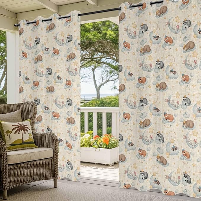 Cartoon Animals Outdoor Curtains for Patio Raccoons Rabbits Moon Linen Texture Waterproof Outside Curtains with Grommet Top Weatherproof Curtain for Cabana Pergola Gazebo, 1 Panel, 54" W x 95" L