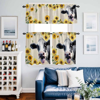 Kitchen Curtains Tiers and Valance Set of 3, Cow Sunflowers Light Filtering Window Curtain Set, Country Vintage Animals Floral Leaves Rod Pocket Curtain Drapes for Cafe, Living Room, 24 Inches Tiers