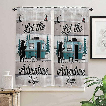 Farmhouse Bear Camper Van Tree Window Valance Curtains, Vintage Wood Grain Light Filtering Kitchen Valance with 3-inch Rod Pocket for Living Room Bathroom Bedroom,2 Panel,42x63In