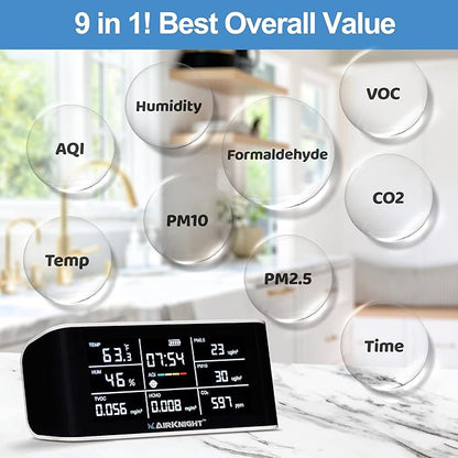 AirKnight Premium Indoor Air Quality Monitor Indoor & Air Quality Sensor. VOC Detector, CO2 Monitor, Formaldehyde Detector HCHO, AQI, PM2.5, PM10 Temperature Humidity Air Monitor AQI CO2 Meter