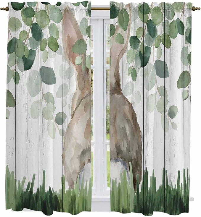 Easter Kitchen Curtains, Country Rabbit Botanical Leaves Wooden Grain Light Filtering Window Curtain Panels, 2Pcs Rod Pocket Window Treatments Set for Living Room Bathroom Bedroom 42x63 Inches