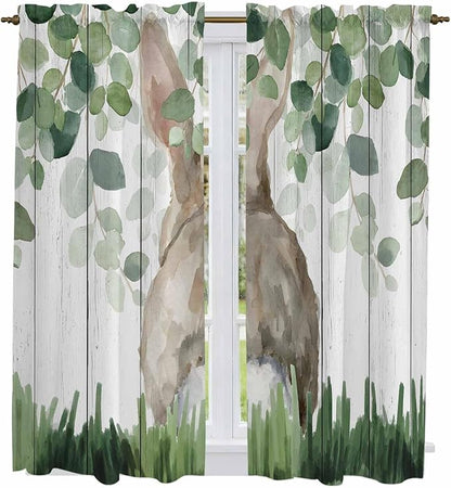 Easter Kitchen Curtains, Country Rabbit Botanical Leaves Wooden Grain Light Filtering Window Curtain Panels, 2Pcs Rod Pocket Window Treatments Set for Living Room Bathroom Bedroom 42x63 Inches