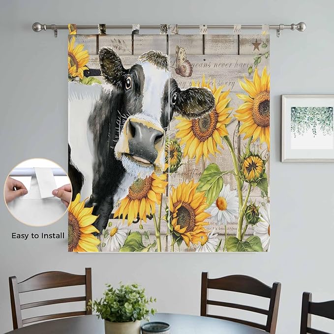 Yellow Sunflowers Bathroom Curtains 63 Inch Length, Window Curtains Tab Top, Farmhouse Cow Barn Doors Floral Butterfly Light Filtering Window Treatments Drapes 52"x63" 2 Panel
