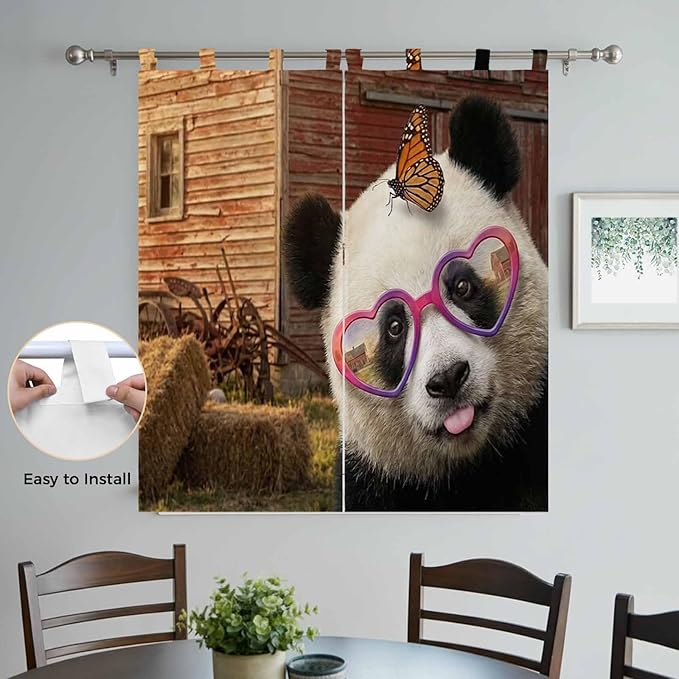 Farm Panda Living Room Curtains 84 Inch Length, Window Curtains Tab Top, Farmhouse Barn Funny Animals Butterfly Light Filtering Window Treatments Drapes 42"x84" 2 Panel