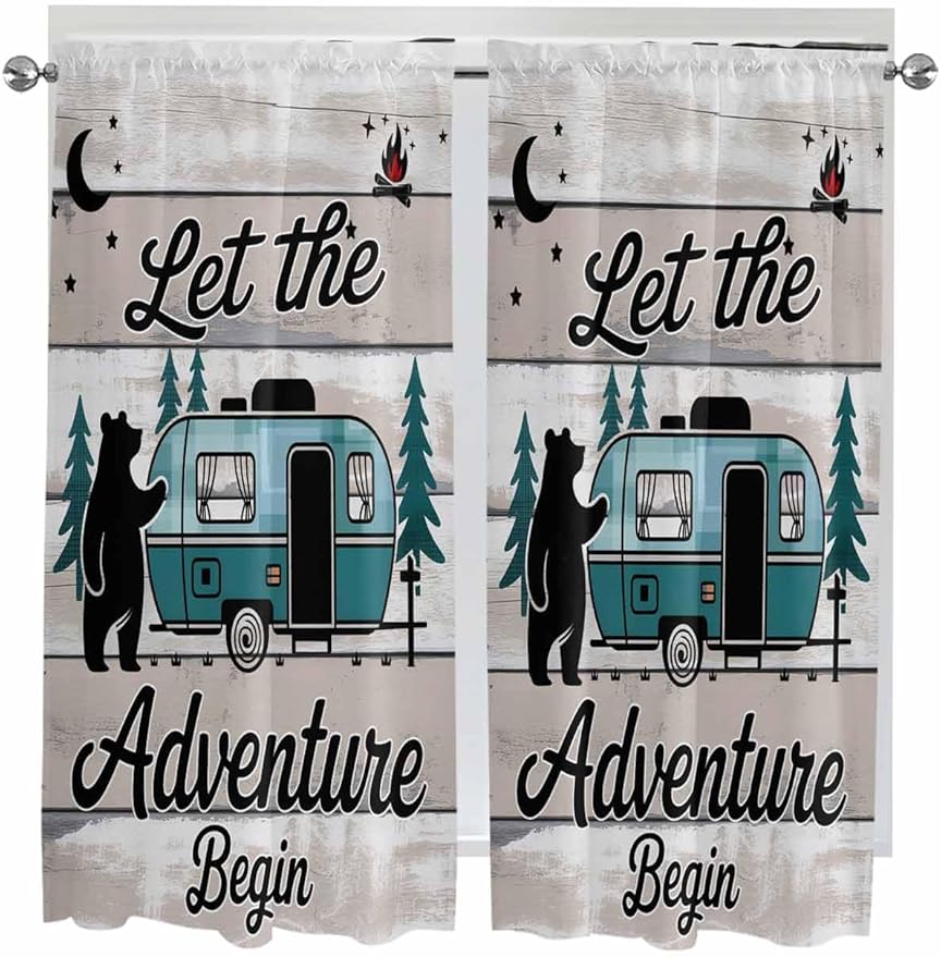 Farmhouse Bear Camper Van Tree Window Valance Curtains, Vintage Wood Grain Light Filtering Kitchen Valance with 3-inch Rod Pocket for Living Room Bathroom Bedroom,2 Panel,52x72In