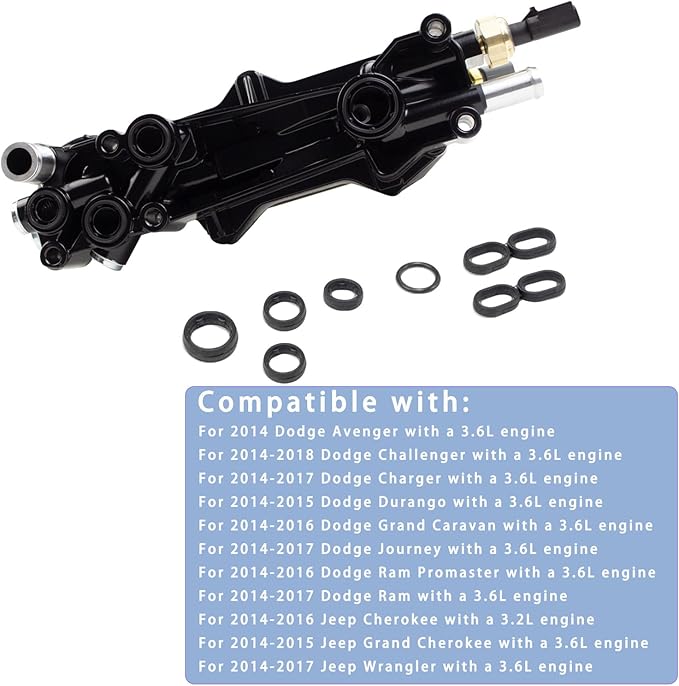 926-959 Aluminum Engine Oil Filter Housing Oil Cooler Kit with Gaskets & Sensors Compatible with 2011-2016 Chrysler Charger Challenger Journey Wrangler Ram Promaster 3.6L (black)