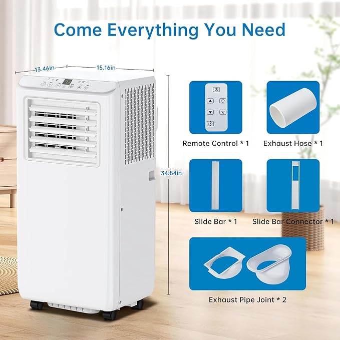 8000 BTUs Portable Air Conditioner with Cooling, Dehumidifier, Fan 3-IN-1 Indoor AC, 24H Timer, 2 Fan Speeds, Sleep Mode, Remote Control Included - Ideal for Home, Office, and Garage Use