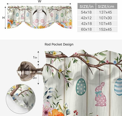 Easter Tie Up Valance Curtains for Windows, Kitchen Curtains Window Shades, Spring Farmhouse Watercolor Bunny Eggs Wood Grain Light Filtering Roman Curtain Valances for Bedroom/Bathroom/Cafe 54"x18"