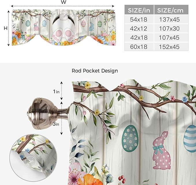 Easter Tie Up Valance Curtains for Windows, Kitchen Curtains Window Shades, Spring Farmhouse Watercolor Bunny Eggs Wood Grain Light Filtering Roman Curtain Valances for Bedroom/Bathroom/Cafe 60"x18"