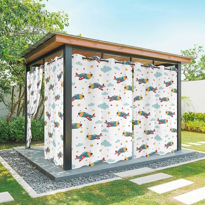 Turquoise Airplane Waterproof Outdoor Curtains for Patio, Windproof Weatherproof Curtains with Weighted Hem, Modern Art Cartoon Aircraft Clouds Light Filtering Privacy Drapes for Porch 54"x 84"