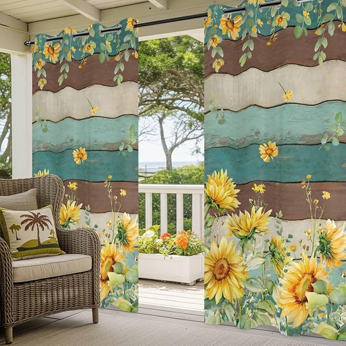 Sunflowers Outdoor Curtains for Patio Summer Floral Eucalyptus Leaves Vintage Wood Waterproof Outside Curtains with Grommet Top Weatherproof Curtain for Cabana Pergola Gazebo, 2 Pack, 54" W x 108" L
