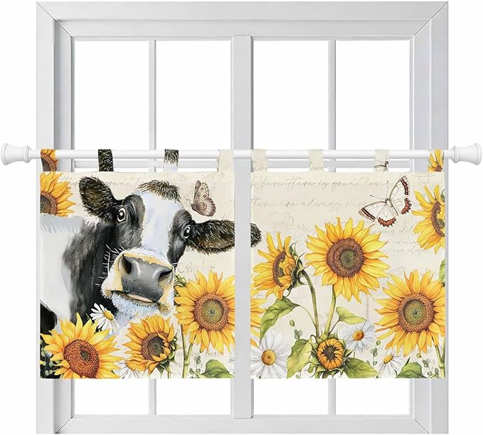 Yellow Sunflowers Kitchen Curtains 36 Inch Length, Small Window Curtains Tab Top, Country Cow Flower Butterfly Farmhouse Cream Light Filtering Short Window Treatments Tier Drapes 27.5"x36" 2 Panel