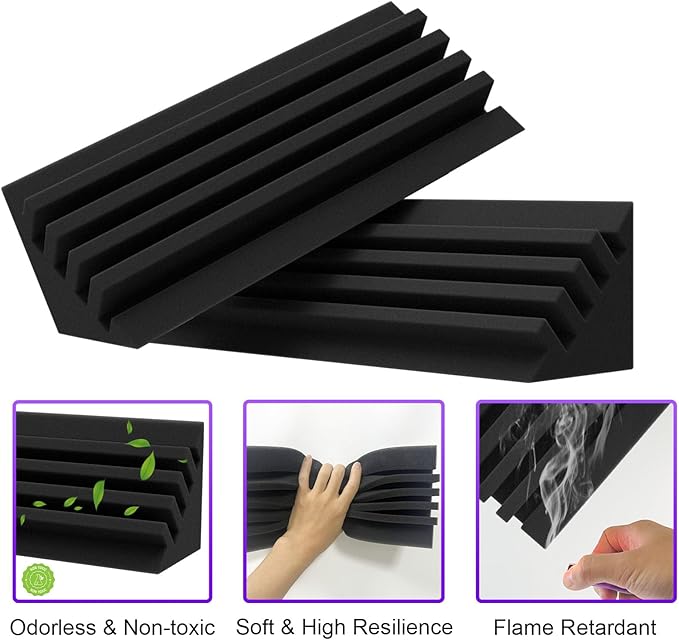 TroyStudio Bass Traps - 12 Pcs 4 X 4 X 12 Inches Dense Thick Studio Bass Foam Corner, Acoustic Treatment Panel Absorbing Echo Reverb, Low Frequency Sound Absorber for Music Room Home Recording Studio