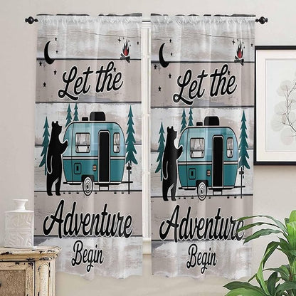 Farmhouse Bear Camper Van Tree Window Valance Curtains, Vintage Wood Grain Light Filtering Kitchen Valance with 3-inch Rod Pocket for Living Room Bathroom Bedroom,2 Panel,52x72In