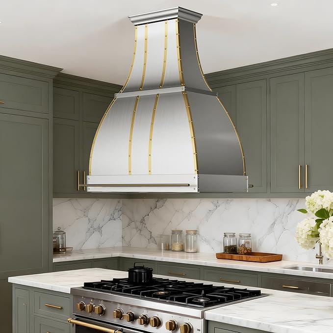 CHETTO C Stainless Steel Range Hood Cover with Quiet Vent Hood Insert Custom Handcrafted Metal Kitchen Fan with Towel Rack LED Light 30"W x27"D x30"H Brushed Stainless Steel Island Mount