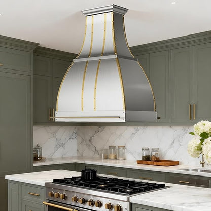 CHETTO C Stainless Steel Range Hood Cover with Quiet Vent Hood Insert Custom Handcrafted Metal Kitchen Fan with Towel Rack LED Light 30"W x27"D x30"H Brushed Stainless Steel Island Mount