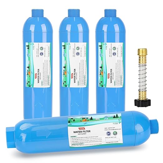 OULEME RV Water Filter, Inline Water Hose Filter for Camper, Travel Trailer, Marine, Garden, Pool, NSF Certified, Reduces Bad Taste, Odors, Chlorine, 4-Pack