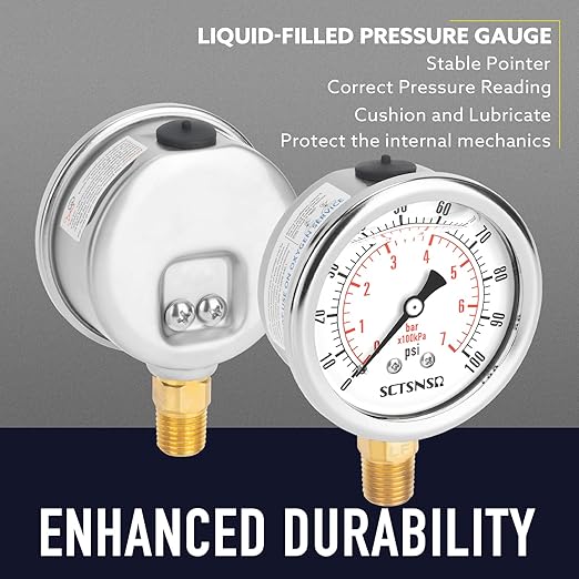 2-1/2" Dial Size, 0-100 Psi Lead-Free Pressure Gauge, Glycerin Liquid Filled, 1/4" NPT Lower Mount, Stainless Steel Case, for Water Pump, Pneumatic Air, Well Tank, RV Hose, Gas, Pressure Test