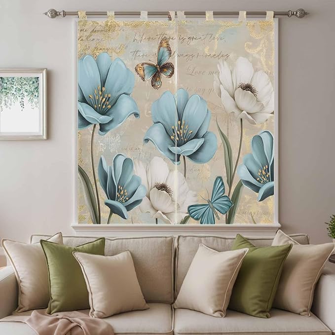 Spring Flowers Living Room Curtains 84 Inch Length, Window Curtains Tab Top, Vintage Rustic Tulips Floral Butterfly Khaki Light Filtering Window Treatments Drapes 42"x84" 2 Panel