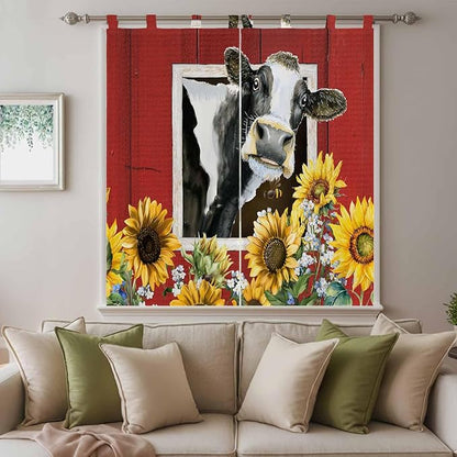 Cows Sunflowers Bedroom Curtains 72 Inch Length, Window Curtains Tab Top, Spring Botanical Floral Bees Red Barn Light Filtering Window Treatments Drapes 52"x72" 2 Panel