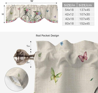 Farmhouse Spring Tie Up Valance Curtains for Windows, Kitchen Curtains Window Shades, Retro Bicycles Flowers Vines Butterfly Light Filtering Roman Curtain Valances for Bedroom/Bathroom/Cafe 42"x12"