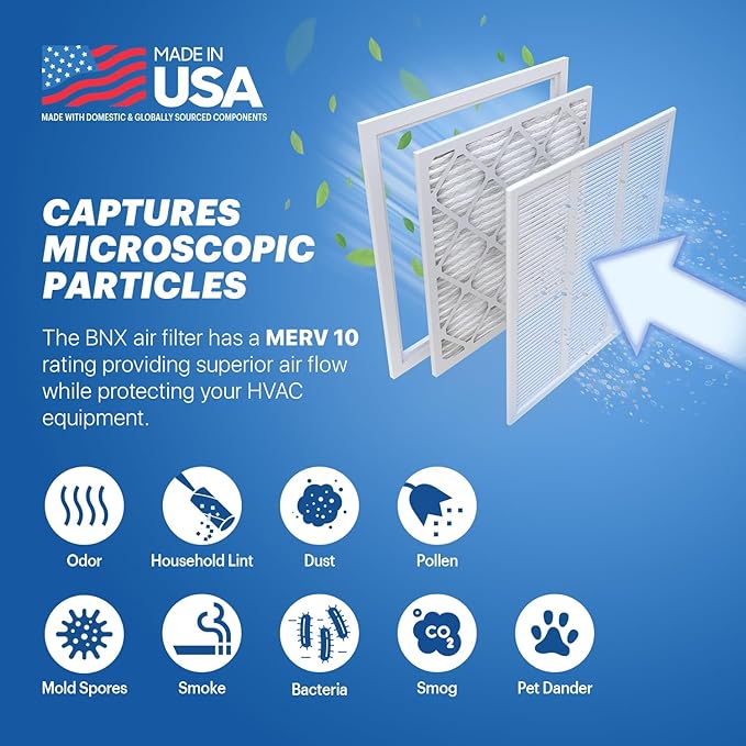 BNX TruFilter 20x24x1 MERV 10 (4-Pack) AC Furnace Air Filter - MADE IN USA - Pleated Air Conditioner HVAC AC Furnace Filters - Removes Odor, Mold, Bacteria, Smoke