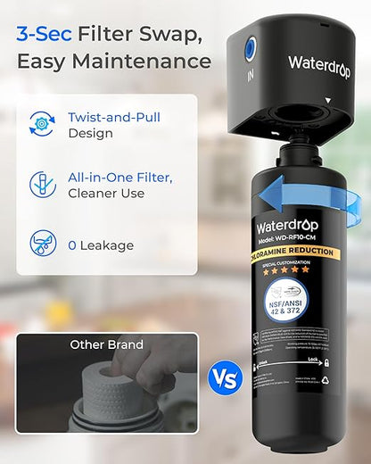 Waterdrop 10UB-CM 6 Months Under Sink Water Filter (Include: System+ 𝐅𝐚𝐮𝐜𝐞𝐭) for 99% Chloramine Reduce- Ideal for California, Florida and Washington- NSF/ANSI 42 Certified- with Faucet