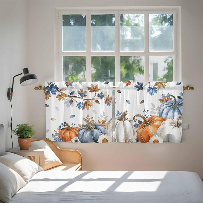 Navy Blue Pumpkin Fall Kitchen Tier Curtains 24 Inch Long 2 Panel Set,Rod Pocket Cafe Small Window Curtains Over Sink,Thanksgiving Maple Leaves Branches Short Drapes for Bathroom Cabinet 27.5"W x 24"L