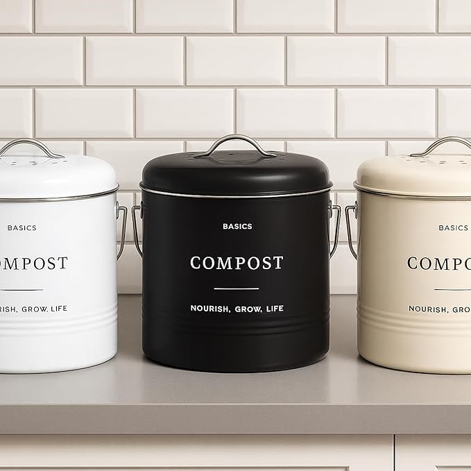 D'Lifeful Kitchen Compost Bin – 1.3 Gallon Countertop Farmhouse Compost Container with Lid – Odorless Indoor Food Scrap Pail with 6 Charcoal Filters – Eco-Conscious and Easy to Clean - White
