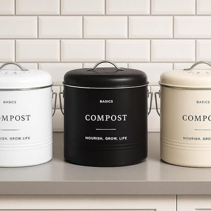 D'Lifeful Kitchen Compost Bin – 1.3 Gallon Countertop Farmhouse Compost Container with Lid – Odorless Indoor Food Scrap Pail with 6 Charcoal Filters – Eco-Conscious and Easy to Clean - White