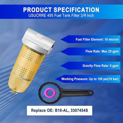 3/4" NPT Top Cap 495 Bowl Fuel Tank Replacement for Gasoline and Diesel Water Separate 10 Micron Filtration Oil Filter Assembly with Wrench