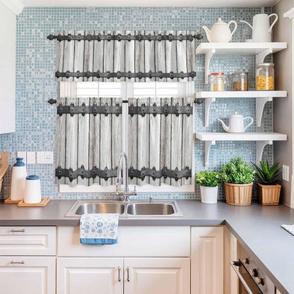 Farmhouse Rustic Kitchen Curtain Set, Vintage Country Wooden Grain Window Valance and Tiers 24" Length, Light Filtering Short Curtains Valance for Cafe Bathroom Bedroom 54"x18"