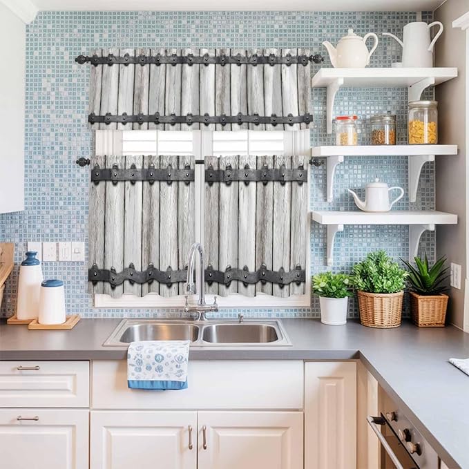 Farmhouse Rustic Kitchen Curtain Set, Vintage Country Wooden Grain Window Valance and Tiers 36" Length, Light Filtering Short Curtains Valance for Cafe Bathroom Bedroom 54"x18"