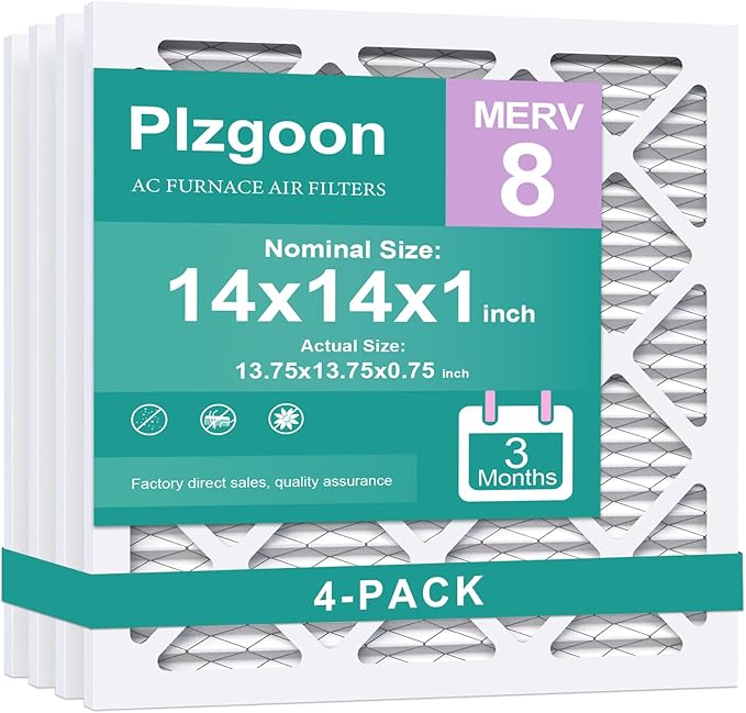 14x14x1 Air Filter MERV 8 (4 Pack) MPR 600 Pleated Air Conditioner HVAC AC Furnace Air Filters Air Cleaning Filter for Home Dust Lint (Exact Dimensions: 13 3/4x13 3/4x3/4 Inches)