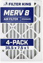 Filter King 35.5x7.5x1 Air Filter | 4-PACK | MERV 8 HVAC Pleated A/C Furnace Filters | MADE IN USA | Actual Size: 35.5 x 7.5 x .75"