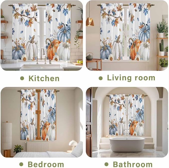 Navy Blue Pumpkin Fall Window Curtains 63 Inch Long 2 Panel Set, Rod Pocket Bedroom Curtains & Drapes, Thanksgiving Maple Leaves Branches Light Filtering Window Treatment for Living Room 42"W x 63"L