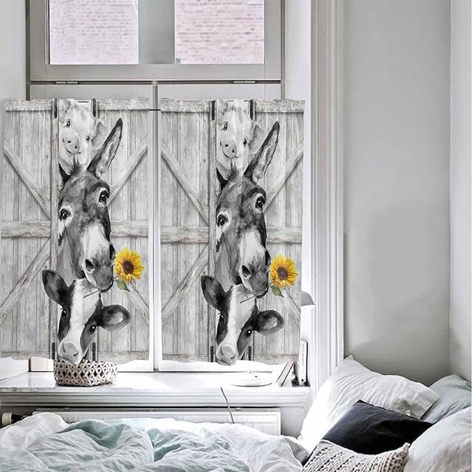 Grey Farmhouse Kitchen Curtains 54 Inches Length, Vintage Sunflowers Animals Printed Window Treatment Curtain Drapes, Thermal Insulated Drapes for Basement Hotel RV, 42"x54", 2 Panels